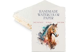 WANDERINGS Carta Acquerello Fatta A Mano Spessa Con Bordo Strappato A5-15x21 cm - 500GSM, Carta Mista Testurizzata Premium Avorio Pressata A Freddo Realizzata Con Cotone Riciclato - 15 Fogli Sfusi