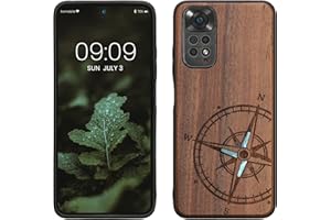 kwmobile Carcasa Compatible con Xiaomi Redmi Note 11 / Note 11S Funda - Funda de Madera de Nogal con Bumper antigolpes - Compás Vintage con nacár