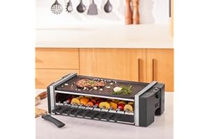 Karaca Raclette Grill 1200 Watt Piastre Grill in Ghisa Antiaderente e ignifuga, Possibilità di Preparare 9 Spiedini, Ampia Superficie Grill, Temperatura Regolabile, Pulsante Stop
