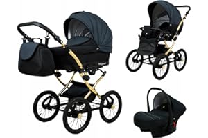 BabyLux® Carrito de Bebé Sistema de Viaje Set 3 en 1 - Margaret Gold - incl. Capazo, Silla de Paseo, Silla Coche - Cochecito - con Bolso cambiador, Cubierta para la lluvia, Mosquitera etc.