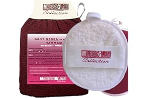 Gant de Gommage KESSA + Houpette OFFERTE pour l'exfoliation des cellules mortes corps et visage, Gant Hammam Marocain: Exfoliant - Purifiant, fabrication artisanale de bonne qualité by MAROC GLAM
