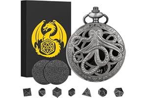 KELLER & WEBER Mini Set di Dadi DND Steampunk Vuoto Polpo Custodia per Orologio da Tasca, 7 Pezzi, Set di Dadi in Metallo Poliedrico D&D, Regali di D&D con Confezione, Accessori per Giochi di Ruolo, Argento Scuro