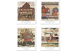 BERKIN ARTS Peinture de Modèle d'art Décoratif en 4 Pièces, Décoration Murale d'image de Motif de Paysage Sans Cadre, taille du papier d'art: 20x25 cm, Vintage Beige Pour Salle de Bain Egon Schiele Paintings