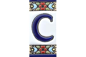 ART ESCUDELLERS Schilder mit Zahlen und Nummern auf Keramikkachel. Handgemalte Kordeltechnik fuer Schilder mit Namen, Adressen und Wegweisern. Design FLORES MINI 7,3 cm x 3,5 cm (BUCHSTABEN "C").