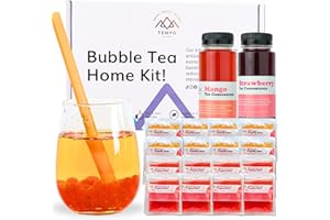 TEMPO TEA BAR Bubble Tea Kit (Serves 16) - Mango & Strawberry with Mango & Strawberry Popping Boba, Fruit Tea Concentrate, Low Calorie, Low Sugar