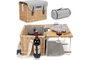 HAPPYPICNIC Weidenkorb Picknickkorb für 2 Personen Picknickset, Weidenkorb Service Geschenkset mit Bambus Weintisch mit Metallbeinen für Camping und Outdoor Party