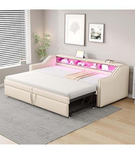 Canapé-lit 90x200 cm - avec lit gigogne - lit simple - lin - beige (matelas non inclus