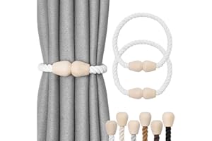Pretty Jolly 2 Pack Wooden Magnetic Curtain Tiebacks Elegant Boho Home Decoration Drape Tie Backs Natural Cotton Handmade Rope Curtain Holdbacks for Home & Office Window Drapery (White)