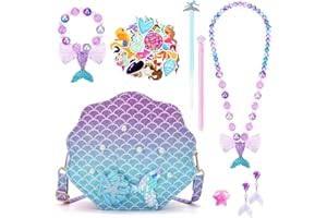 BTHRORO Sirènes Cadeau Sac à Main Bijoux Enfants Fille, Mignon Coquillage Sac Bandoulière Princesse Collier Bracelet Bague Boucles d'oreilles Set pour Fille Habiller Jeu Anniversaire Noël Cadeau