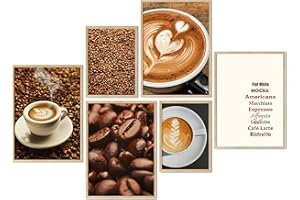 murimage® Lot de 6 posters de qualité supérieure sans cadre photo | 6 posters (4 x DINA4 et 2 x DINA5) |décoration murale cuisine petit déjeuner Café au lait latte Macchiato Espresso| Coffee and more