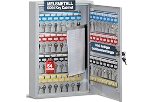 ‎MELSMETALL Melsmetall Schlüsselkasten SD64 – Schlüsselschrank mit 64 Haken, robuste Schlüsselbox aus Stahl, abschließbarer Safe, magnetische Außenseite, höhenverstellbare Leisten, Wandmontage (45x30x8cm)