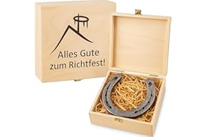 ‎4YOUDESIGN 4you DESIGN Echtes Hufeisen in Holz-Geschenkschachtel Richtfest – 2 Hufeisennägel zum befestigen – Geschenk zum Einzug, Hausbau – Glücksbringer – 17x17x6,5 cm