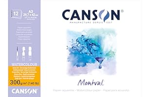 Canson Montval, Papel de acuarela, Prensado en frío, 300g, Encolados por el lado corto, A3-29,7x42cm, Blanco, 12 Hojas