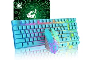 LEXONTECH 87 Tasten Drahtlose Tastatur Maus Combo Regenbogen von hinten beleuchtet 2.4G wiederaufladbare mechanische Feel Gaming-Tastatur+2400DPI 6 Tasten Optische Regenbogen-LED-Gaming-Maus+Mauspads (Blau)