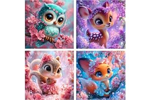 FLAJZ 4er Set Diamond Painting Kinder Tiere – DIY Strassbilder Bastelset mit Süßer Eule, Fuchs, Eichhörnchen & Rehkitz – Malerei mit Diamanten Komplettset – Kreatives Basteln Mädchen & Jungen Geschenk