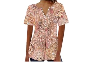 MRGIINR 2024 Summer Women Tunic Tops UK Short Sleeve Button Down V Neck Feather Graphic Oversized Flowy Hide Belly Pleated Dressy Casual Henley T Shirts