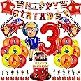 38 Pcs Fireman Theme Children Birthday Party Decorations, Fireman Creative Party Kit, Kid Birthday Party Supplies Balloons With Banner for 3 Year Old, Cake Topper Cupcake Toppers for Birthday Party