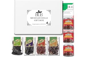 BUB Mexican Chillies Gift Set – Includes Ancho, Pasilla, Arbol & Guajillo (75 g) plus La Costeña Chipotle in Adobo & Recipe Card – Gourmet Gift Hamper (7 Pack)