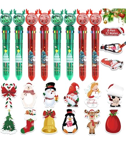 Set De 8 Bolígrafos Multicolor Navideños – 10 Colores En 1, Con Diseños De Papá Noel, Reno Y Muñeco De Nieve