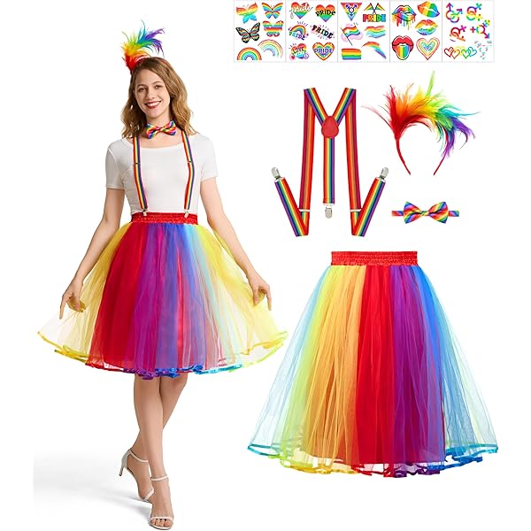 Regenboogkostuum voor dames, eenhoornkostuum voor volwassenen, tulerok, regenboog, dames, eenhoorn, hoofdband, kniekousen, strepen, oorbellen, stickers en lange handschoenen, voor carnavalsfeesten