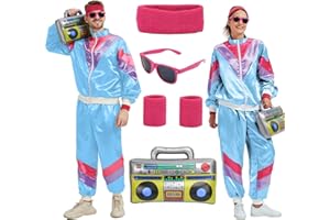 HaoVrisn 80er 90er Jahre Outfit Damen und Herren, Faschingskostüme Damen und Männer mit Glasses, Sweatband und Radio, 80er 90s Trainingsanzug für Karneval Hip Hop Party Cosplay Disco