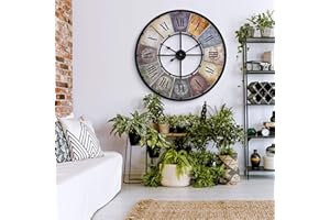‎K&L WALL ART Große Vintage Wanduhr Retro XXL Antike Metall Uhr Edelstahl Groß Shabby Chic römische Ziffern Gross für Wohnzimmer Wand Ø 80cm (Metall Bunt)