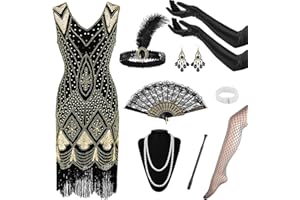 IDYLLIC 9PCS 1920 Flapper Gatsby Costume Accessoires Kit,Robe Années 1920 à col en V avec Ensemble d'accessoires des Années,1920s Accessoires Bandeau Collier Gants pour Femmes pour la Danse De La Fête