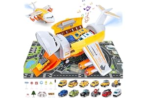 BuzzoXerex Avión de Carga de Transporte, Avion Juguete con Sonido y Luz, Juego Avión de Transporte con 12 Mini Coches para Niños, Regalo para Niños y Niñas Mayores 5 Años (Amarillo)