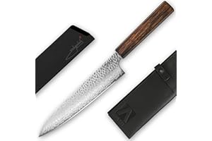 REDSALT® Professional Series GYUTO 牛刀 couteau de chef 21 cm en acier Damas 69 couches fabriqué à la main au Japon | à lame martelée en acier inoxydable Damas extra tranchant professionnel cuisine