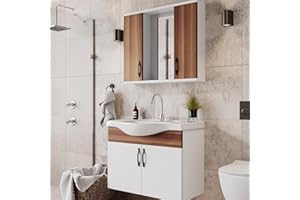 KAREN banyo Badezimmermöbel Set Mercan 80 | Keramikwaschbecken | Unterschrank | Spiegelschrank | Bügelgriffe | Weiß mit Weidenholzfurnier | Natürlicher Stil | Badmöbel Waschtischunterschrank