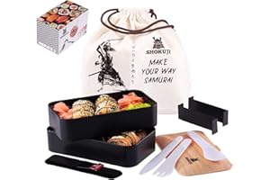 Shokuji Bento Lunch Box Set (1200 ml) – japońskie motywy + Samurajski chlebak + pojemnik na kanapki wraz ze sztućcami + pojemnik na sosy (100 ml) + torba – szczelny, nadaje się do kuchenki mikrofalowej – dla dzieci i dorosłych