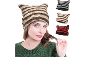 CREAHER Winter Cat Ears Hat Knitted Cap Striped Knit Beanie Hat 1Piece, Trendy Winter Warm Crochet Cap Vintage Crochet Hats for Causal Home Office School Hiking