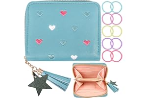 KUFAERBEAM Girls Purse, Girls Zipper Wallet Tassels for Girls, Small Kids Wallet with PU Leather Star Pendant for Girls, Coins Pocket Purse with Embroidery Hearts for Teens Girls Women (Blue)