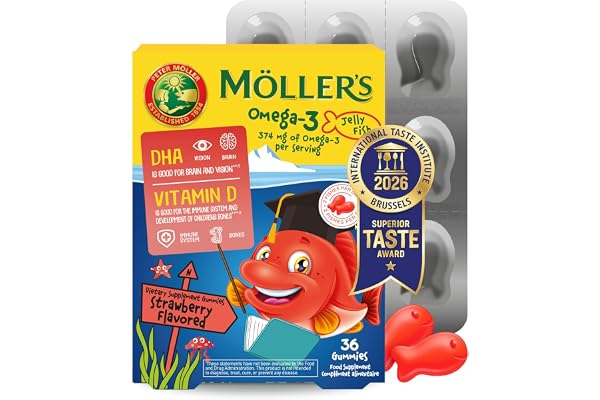 Moller’s ® | Omega 3 Pour Enfants | Huile de Poisson Omega 3 Avec DHA et EPA, Sans Gluten, Lactose ni Sucre Ajouté, et Facile à Mâcher | Saveur de Fraise | 36 Unités