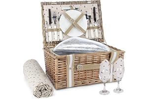 G GOOD GAIN Willow Picnic Basket Set for 2 Persons with Large Insulated Cooler Bag and Waterproof Picnic Blanket,Wicker Picnic Hamper for Camping,Outdoor,Valentine Day,Chirtmas,Thanks Giving,Birthday.