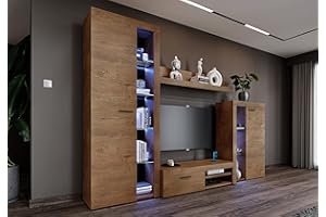 Furnix Wohnwand RIVAY Mediawand Modern Holz Wohnzimmer 4-TLG Komplett-Set - TV Lowboard, Highboard Vitrine, Wandregal - Modern Freistehend - B 270 x H 190 x T 40,2 cm, Farbe Lefkas Eiche