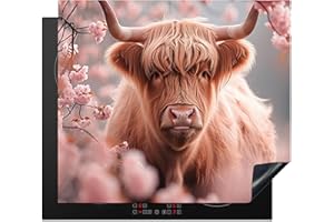 KitchenYeah© Induction Hob Cover Protector Mat 20.5"x23.6" / 60x52 cm Kitchen Universal Ceramic Covers for Electric Cookers Vinyl Highlander - Blossom - Pink - Cow