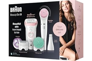 ‎BRAUN Braun Silk-épil Beauty-Set 9 Deluxe 7-in-1 Epilierer Damen / Haarentferner, Facespa Gesichtshaarentferner, Rasierer, Peeling, Reinigungskit für Gesicht und Körper, 9-985, weiß/rosa