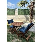 Reyo Premium Katlanır Ahşap Bistro Seti, 3'l&uuml;, Masif Ahşap, Minderli, Balkon ve Bah&ccedil;e i&ccedil;in, Ceviz/Lacivert, Masa ve Sandalye
