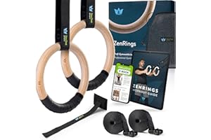 ZENONE SPORTS ZenRings Anneaux de Gymnastique en Bois, Anneaux en Bois avec Ancrage de Porte et Sangles, équipement Crossfit, Surface Incassable et Antidérapante, avec e-Book, Guide et Sac, Ø 18 cm