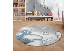 ‎SIMPEX Teppich Rund Kinderzimmer Bär-Himmel Wolken Sterne Design Kurzflor Kinderteppich mädchen Spielteppich Modern Design Babyzimmer Teppiche für Junge und Mädchen Extra Weich 120 cm Rund