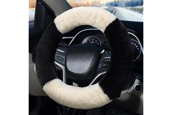 Pahajim Couvre Volant Fluffy Housse Volant Voiture en Fourrure,Fuzzy Caches de Volant Universelle 36-39cm Moumoute Volant pour Femmes (Noir Blanc)
