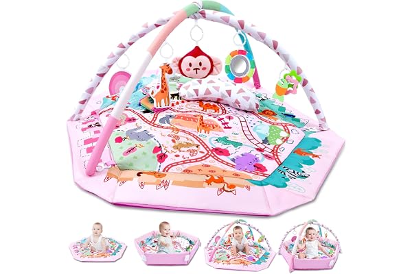 TFDER Tapis de jeu multifonctionnel pour nouveau-nés avec 8 jouets sensoriels détachables, facile à nettoyer, Tapis d'éveil et de jeux éducatif à jouer pour bébés à partir de 0 mois(Rose)