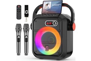 JYX Karaoke Machine with 2 Wireless Microphones, RGB Light PA System with Treble/Bass, Bluetooth Speaker Supports Live Broadcast/Monitoring/Sound Effects, Suitable for Adults