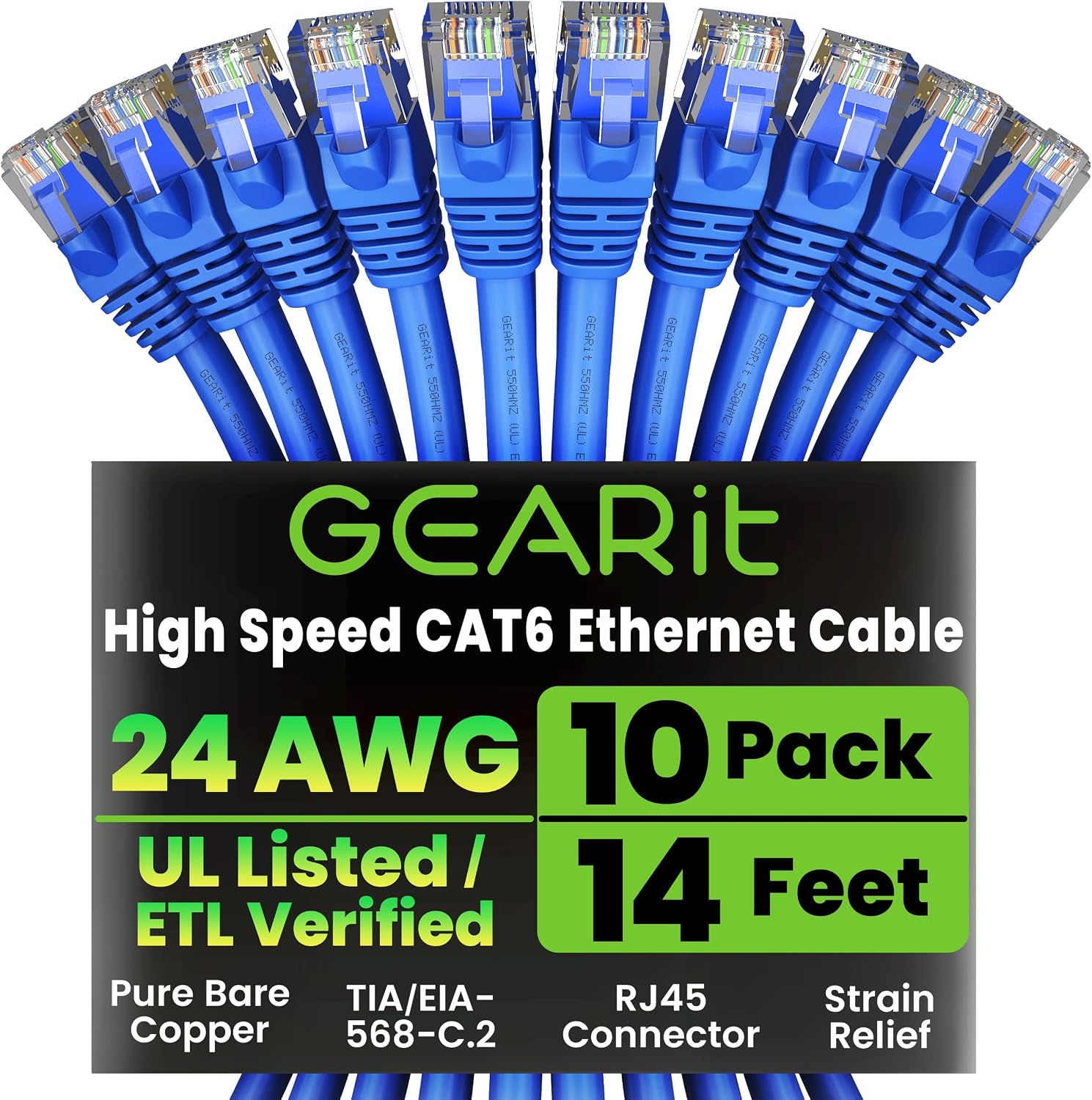 GEARit Cat 6 Ethernet Cable (10-Pack 14 Feet) Cat6 Network Patch, 10Gbps, RJ45, Snagless Cord, Gold-Plated Connectors, Internet for PC, TV, Tablet, Router, Printer, Servers, IT Data Center - Blue