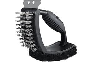 CAKEFLY BBQ Grill Brush Barbecue 3 In 1 Barbecue Cleaner Tools Steel Scraper Scouring Pad Copper Wire Brush Heavy Duty Grill Cleaning Kit with Heat Insulation Handle