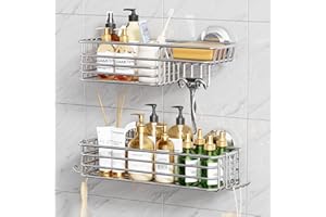 TAILI Lot de 2 étagères de douche à ventouse avec crochets et porte-savon - Organiseur de douche robuste pour salle de bain - Sans perçage - Accessoires de salle de bain - Argenté