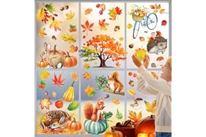 ZADEICK 84 Stück Fensterbilder Herbst Selbstklebend 9 Blatt, Thanksgiving Herbstdeko Fenster, Fall Decor Ahornblätter Kürbis Kleiner Igel Fensterdeko Herbst für Kinderzimmer Cafe