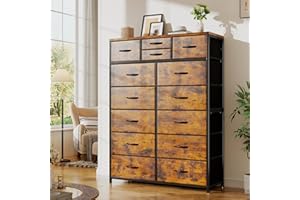 EnHomee Tall Chest of Drawers Bedroom, 14 Fabric Drawers, 132 H (CM) Bedroom Chest of Drawers Dresser, Wooden Top & Metal Frame, Large Storage Drawers for Closet,Living Room, Hallway