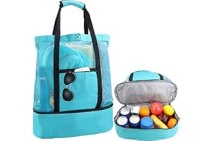 TSLBW Grand Sac fourre-Tout de Plage en Maille Portable Double Couche Sac Isotherme Pique-Nique en Maille en Plein air Organisateur d'épicerie Voyage Pique-Nique Sac de Refroidissement Sec séparation